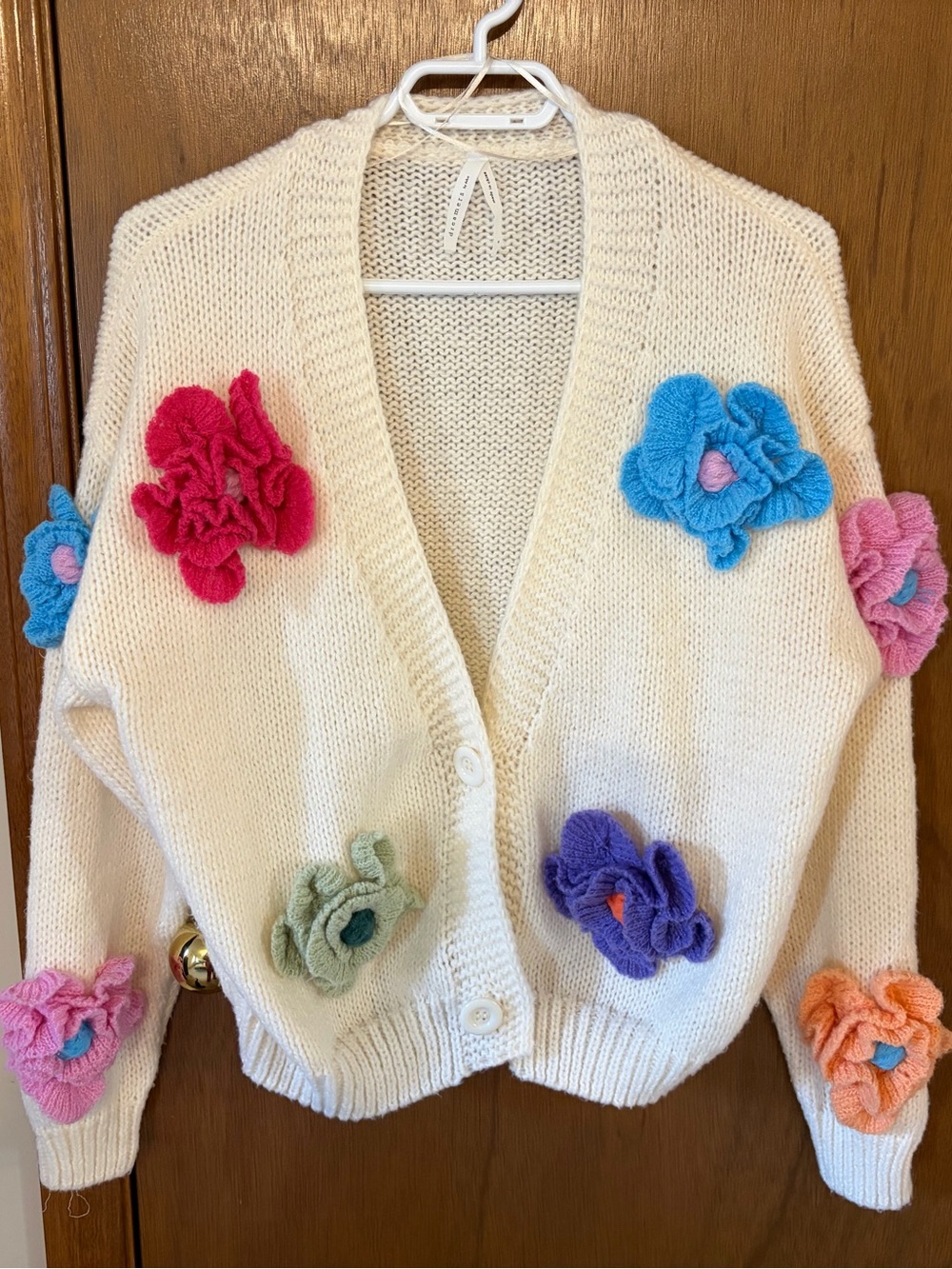 Dreamers Cream Knit Cardigan with Multicolor Flower Appliquรฉs